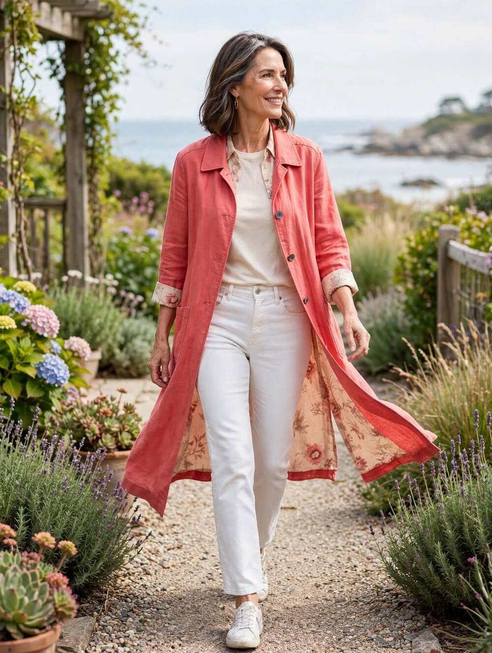 J.Jill Long Linen Duster Coat Size 8 Coral 100% Linen Floral Cotton Lining Jack